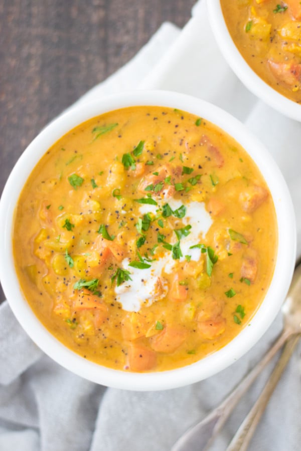 Split Pea & Red Lentil Creamy Vegetable Turmeric Soup Eating by Elaine