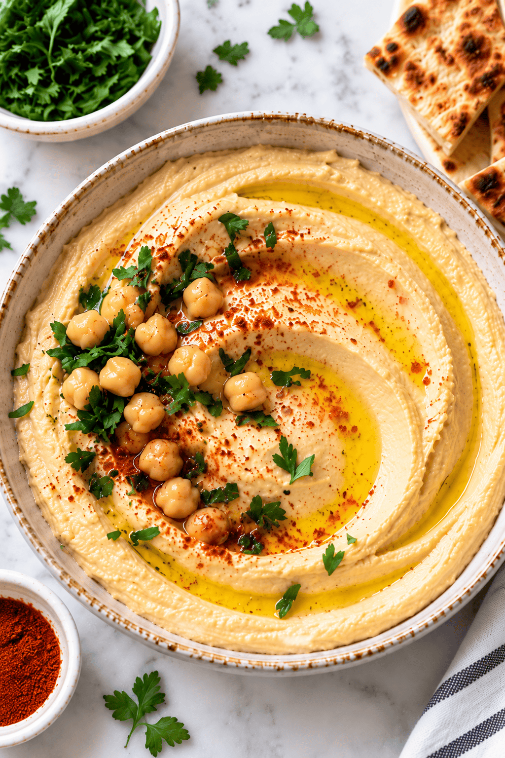 A bowl of creamy Mediterranean hummus topped with whole chickpeas, olive oil, paprika, and parsley, with flatbread and fresh parsley on the side, on a marble surface.