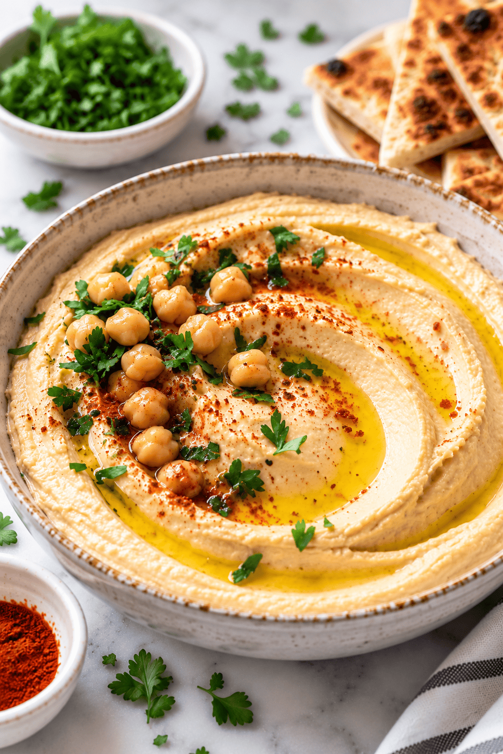 A bowl of mediterranean hummus topped with olive oil, whole chickpeas, paprika, and chopped parsley, with flatbread slices and small bowls of herbs and spices nearby on a marble surface.