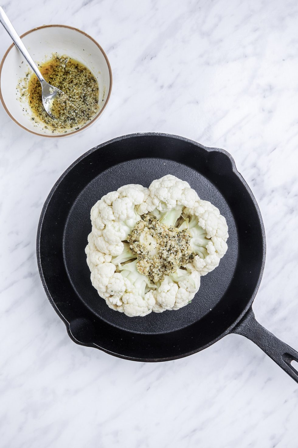 Hemp SeedCrusted Whole Roasted Cauliflower with Green Tahini Sauce