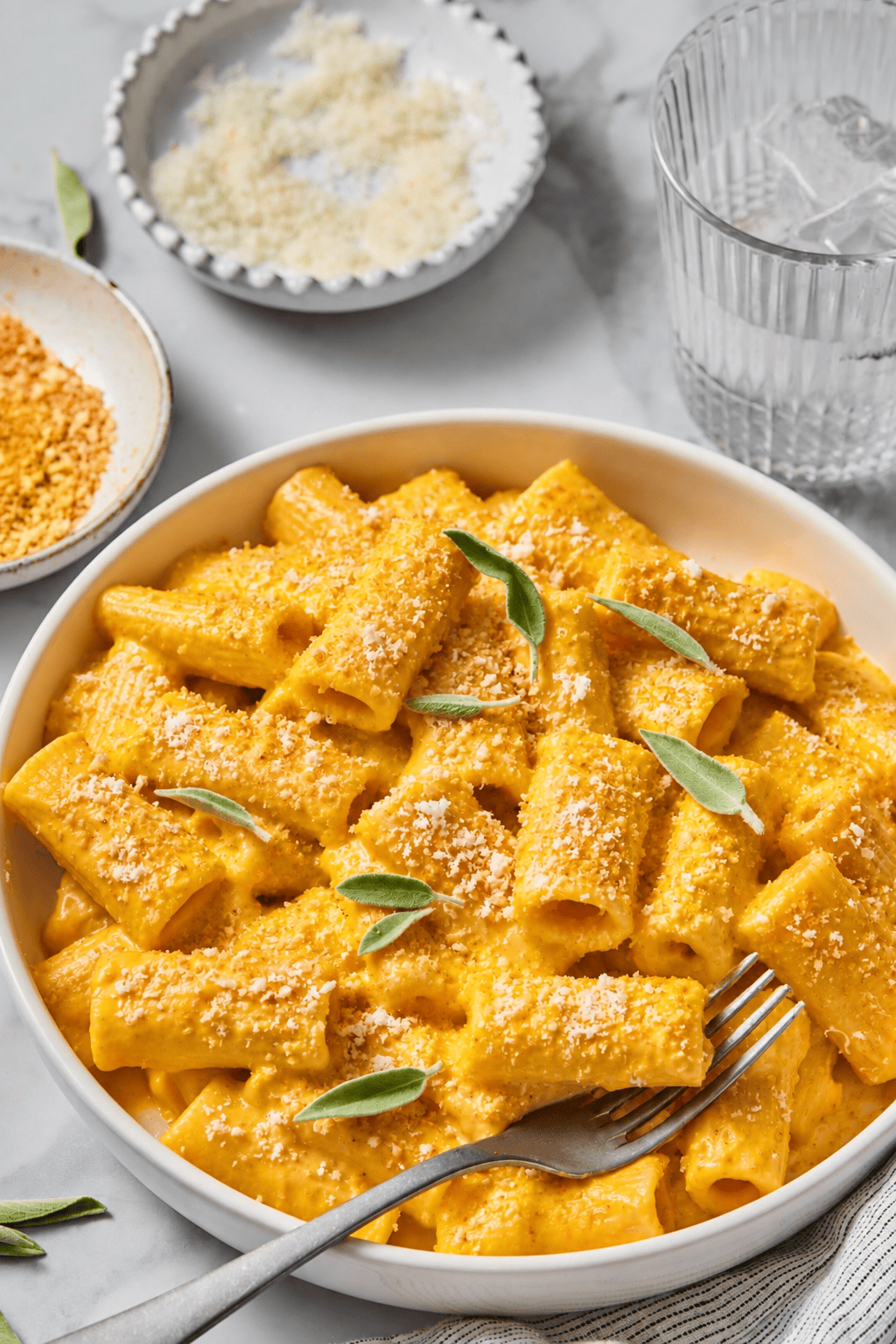 A bowl of Creamy Vegan Pumpkin Garlic Pasta in a luscious orange sauce, topped with grated cheese and fresh sage leaves, sits on a table with a fork, a glass of water, and small dishes of cheese and crumbs nearby.