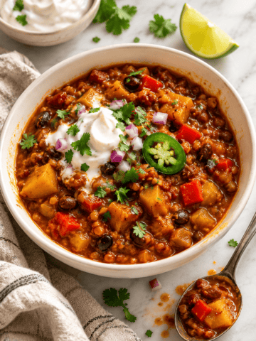 A bowl of hearty vegan pumpkin chili with beans, diced veggies, sour cream, jalapeño, red onion, and cilantro sits invitingly with a spoon, a napkin, a lime wedge, and a small bowl of sour cream on a marble surface.