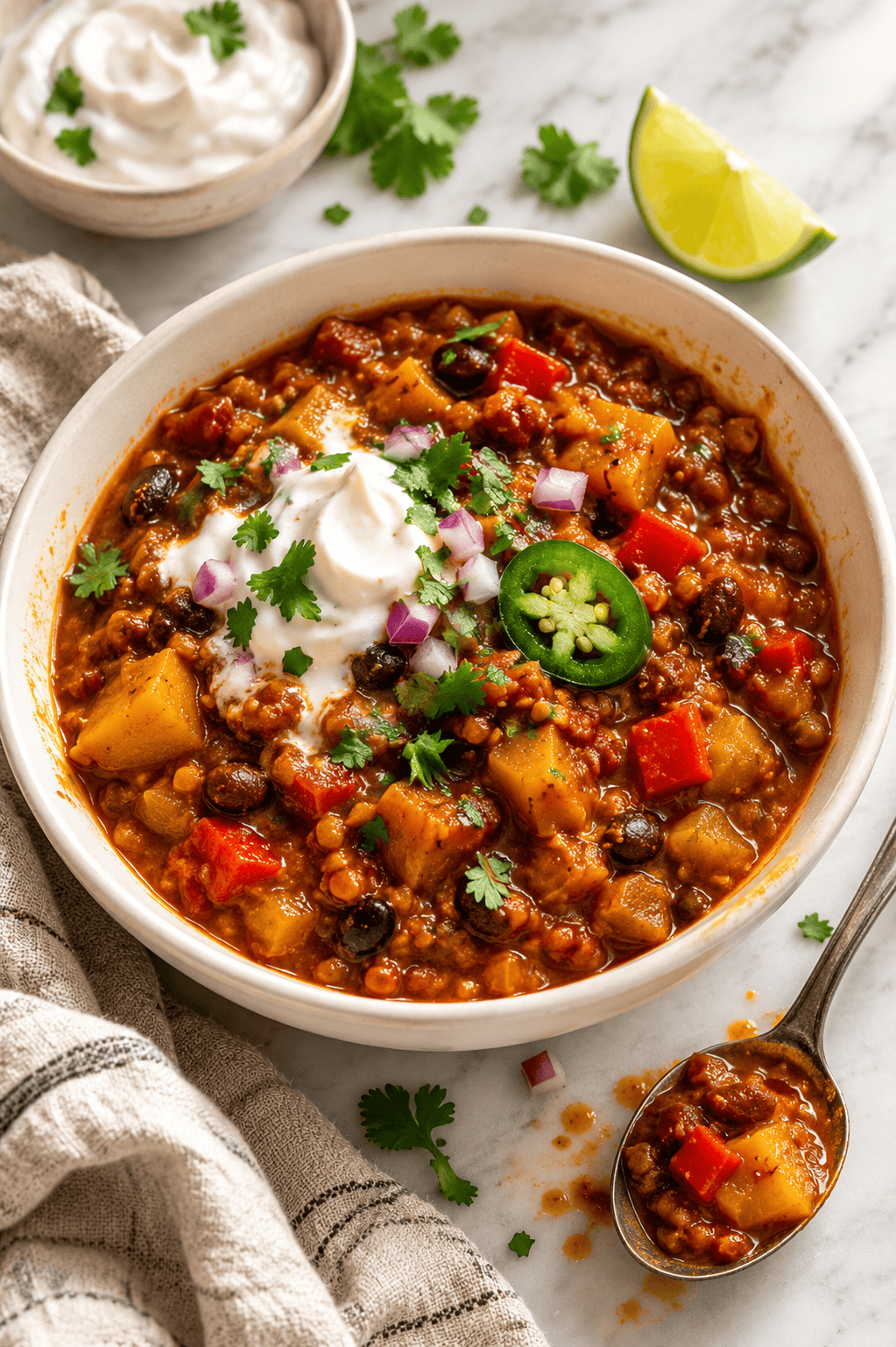 A bowl of hearty vegan pumpkin chili with beans, diced veggies, sour cream, jalapeño, red onion, and cilantro sits invitingly with a spoon, a napkin, a lime wedge, and a small bowl of sour cream on a marble surface.
