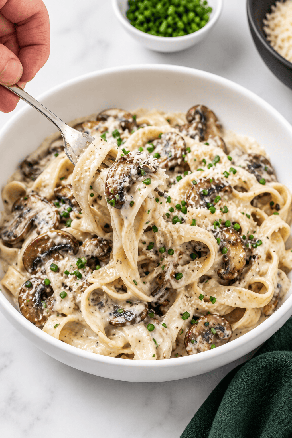 A hand twirls creamy vegan mushroom pasta with fettuccine, mushrooms, and chopped chives on a fork over a white bowl, with parmesan and more chives in small dishes nearby.