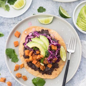 Creamy Black Bean and Crispy Sweet Potato Tostadas