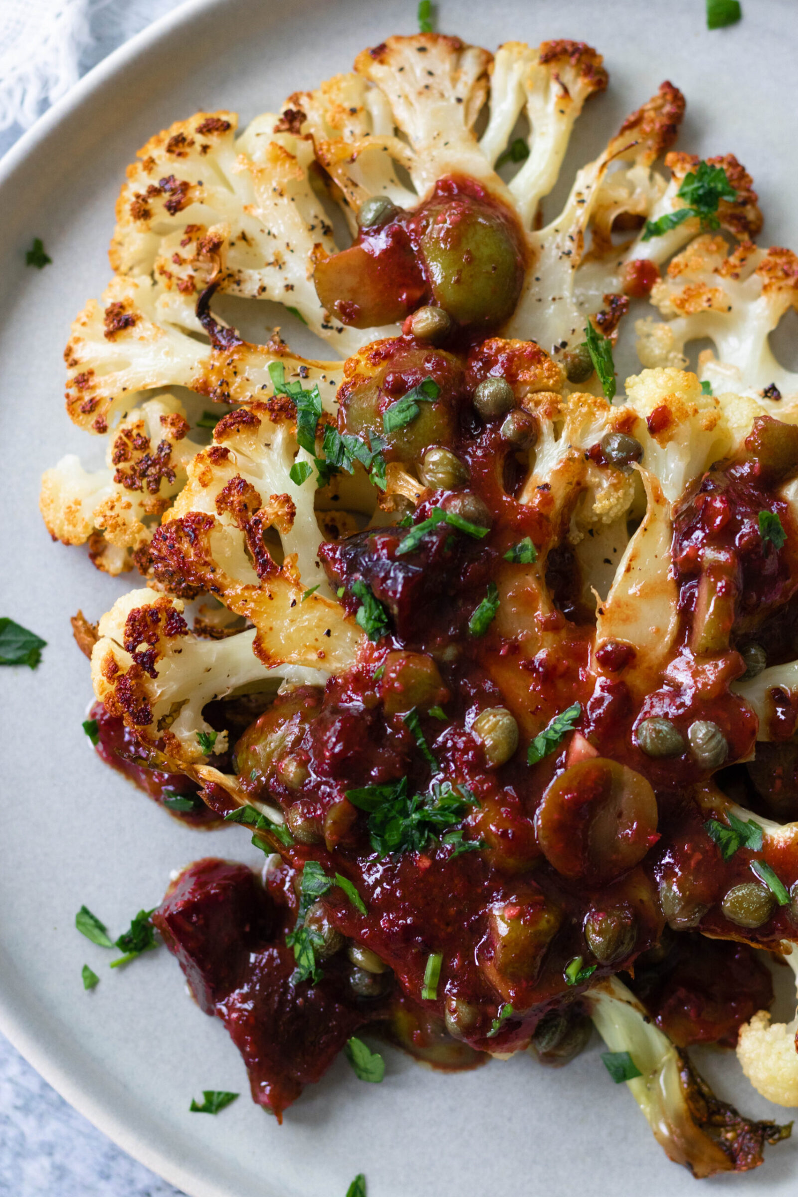 Cauliflower Steak Marbella with Roasted Chickpeas - Eating by Elaine