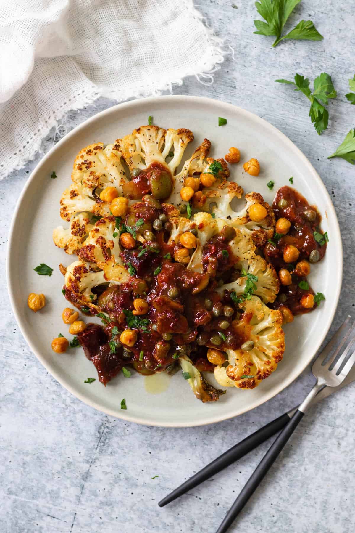 Cauliflower Steak Marbella with Roasted Chickpeas | Eating by Elaine