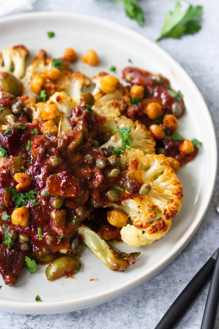 Cauliflower Steak Marbella with Roasted Chickpeas - Eating by Elaine