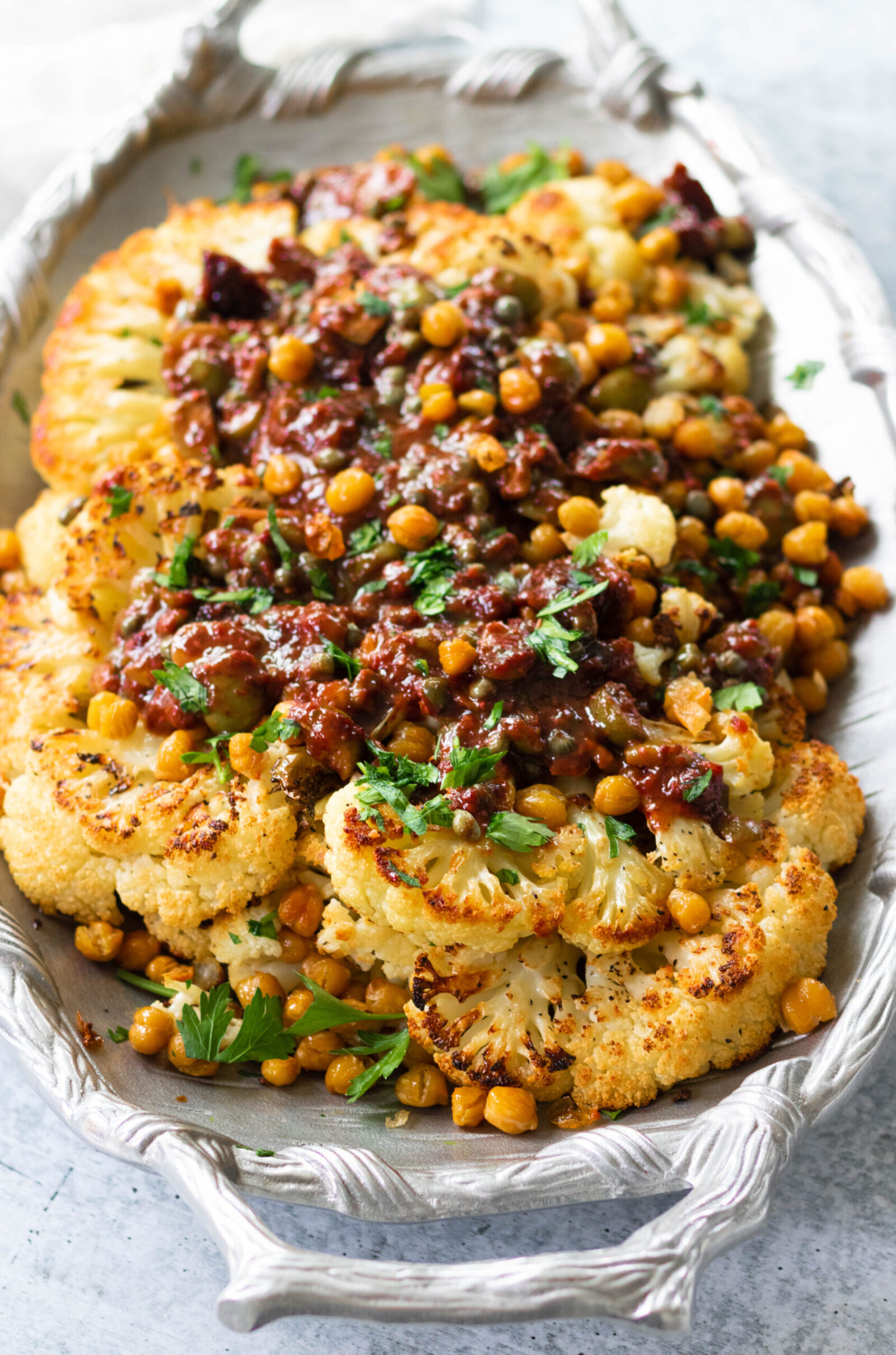 Cauliflower Steak Marbella with Roasted Chickpeas - Eating by Elaine