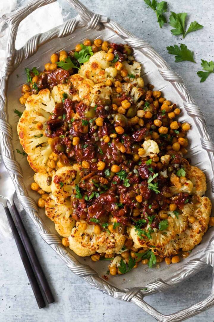 Cauliflower Steak Marbella with Roasted Chickpeas - Eating by Elaine
