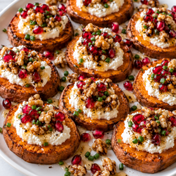 Sweet Potato Rounds with Vegan Ricotta are topped with chopped walnuts, pomegranate seeds, honey, chives, and black pepper on a white plate, arranged neatly on a marble surface.
