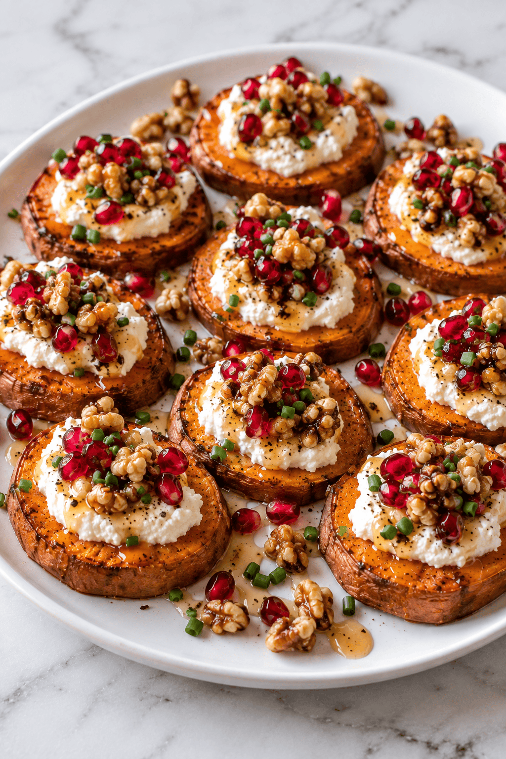 Sweet Potato Rounds with Vegan Ricotta are topped with chopped walnuts, pomegranate seeds, honey, chives, and black pepper on a white plate, arranged neatly on a marble surface.