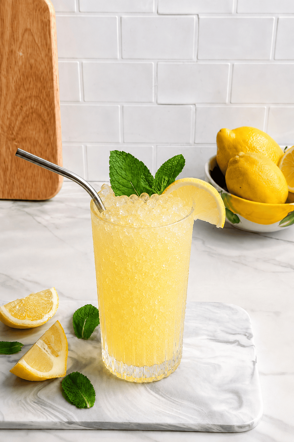A glass of easy, fresh squeezed, refined sugar-free lemonade slush with a metal straw is garnished with mint leaves and a lemon slice on a marble surface. Lemon wedges and mint leaves surround it, with whole lemons in the background.
