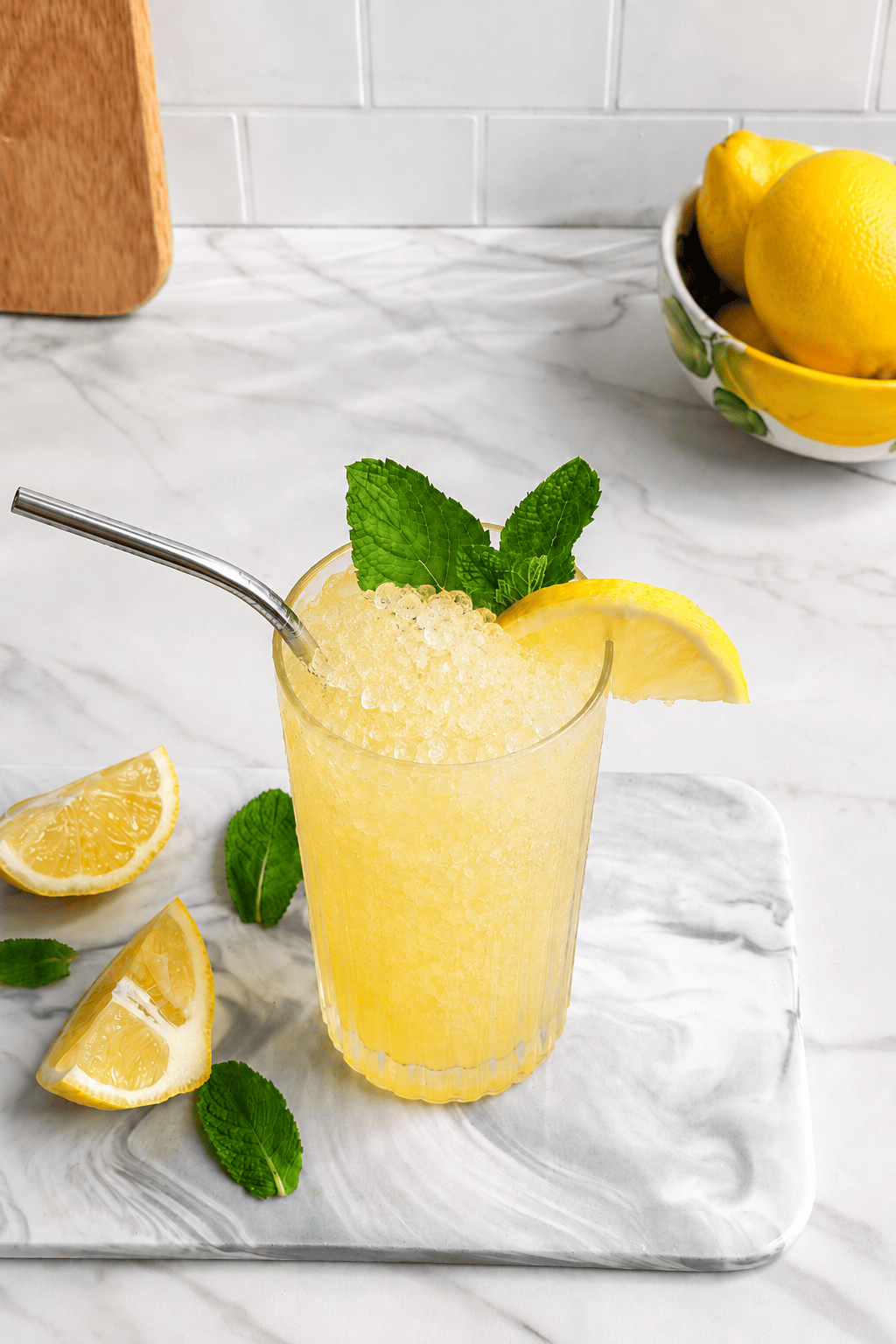 A glass of easy, fresh squeezed refined sugar-free lemonade slush topped with mint leaves and a lemon slice sits on a marble board. Lemon wedges and mint leaves are nearby, with a bowl of lemons in the background.