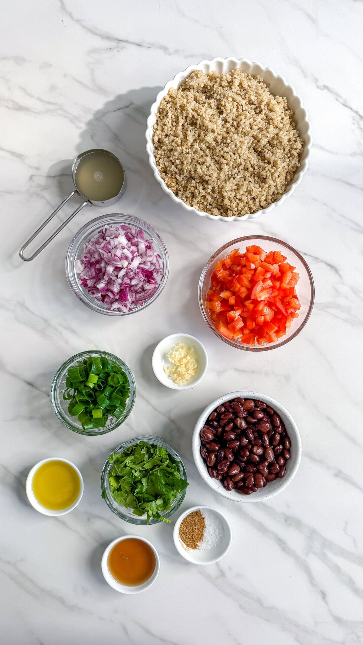 A variety of ingredients for Mexican Quinoa Salad in bowls and cups on a white marble surface, including cooked quinoa, chopped red onion, diced tomato, black beans, green onions, cilantro, minced garlic, olive oil, lime juice, honey, and spices.