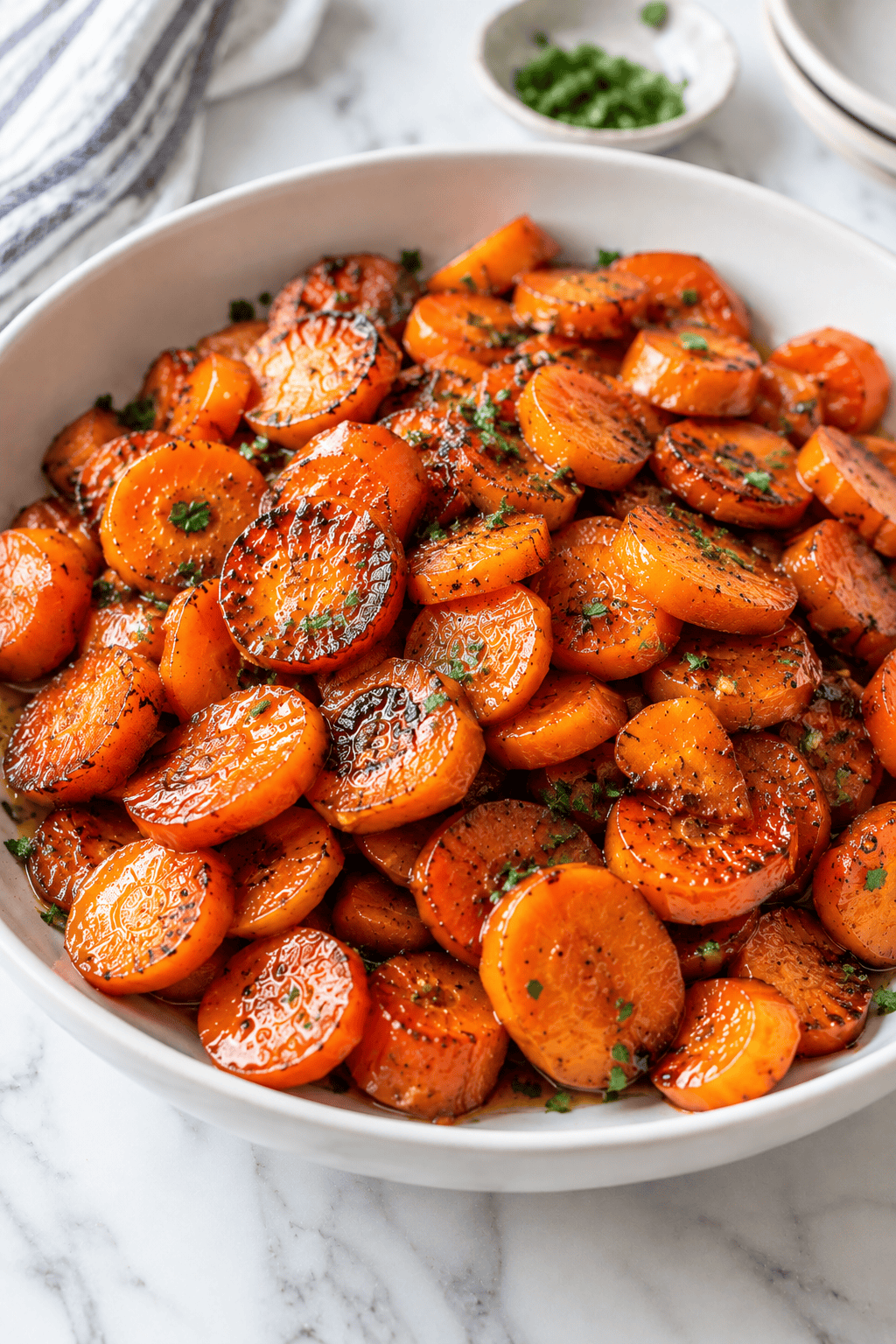 A white bowl filled with maple glazed, roasted, sliced carrots garnished with chopped herbs sits on a marble surface, with a small dish of green herbs in the background.