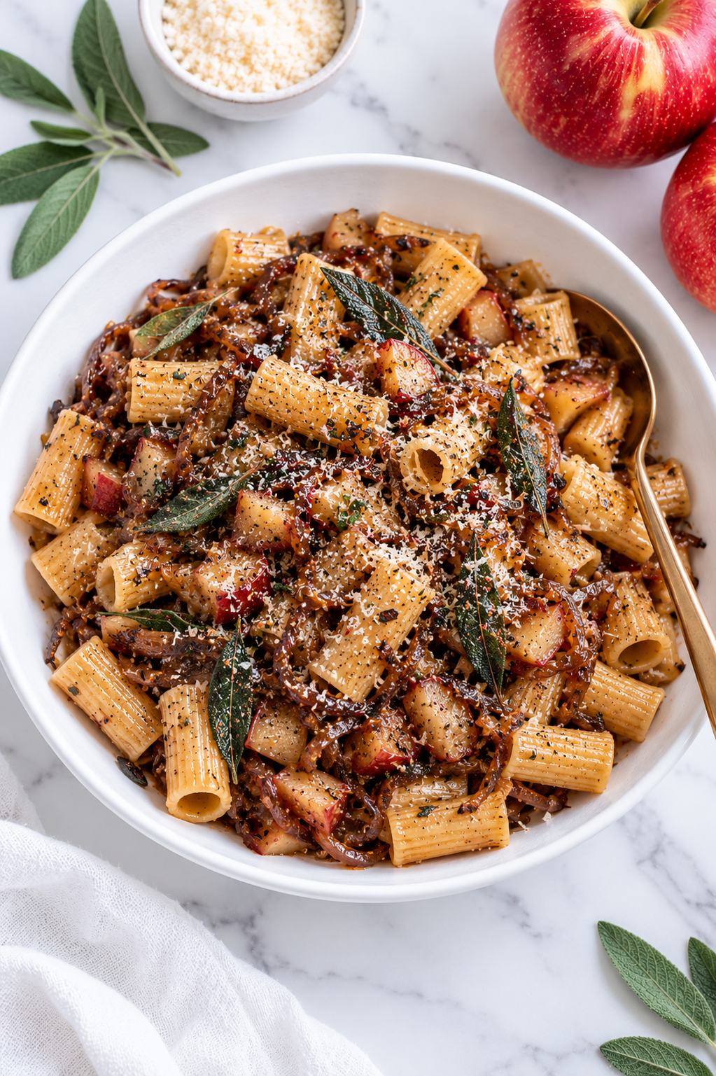 A white bowl of rigatoni pasta with browned bits, apple pieces, fresh sage leaves, and grated cheese on top. A gold spoon rests in the bowl. Nearby on the marble surface are apples, sage leaves, a small bowl of cheese—and all the comforting flavors reminiscent of a Vegan Apple Crisp.