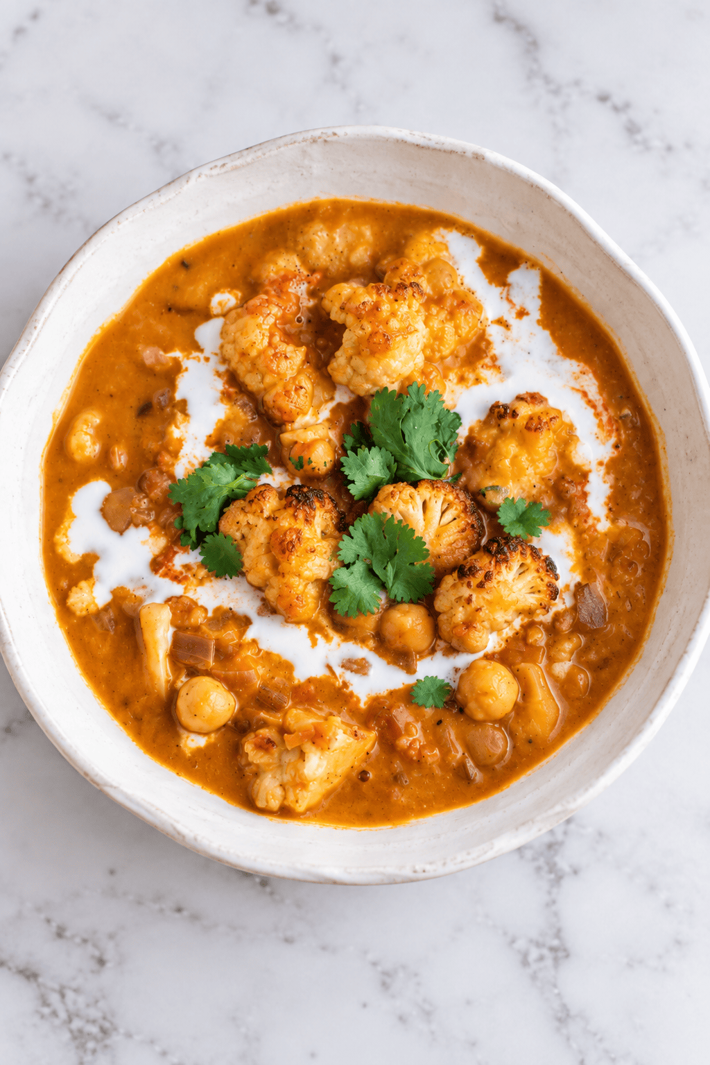 A bowl of chickpea and cauliflower curry, inspired by the comforting flavors of Vegan Pumpkin Curry, is garnished with fresh cilantro and a swirl of coconut cream, sitting elegantly on a white marble surface.
