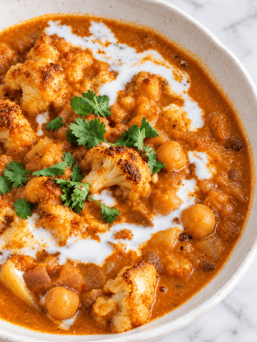 A bowl of chickpea and cauliflower curry, inspired by flavors found in a Vegan Pumpkin Curry, topped with fresh cilantro and a swirl of coconut milk, served on a white marble surface.