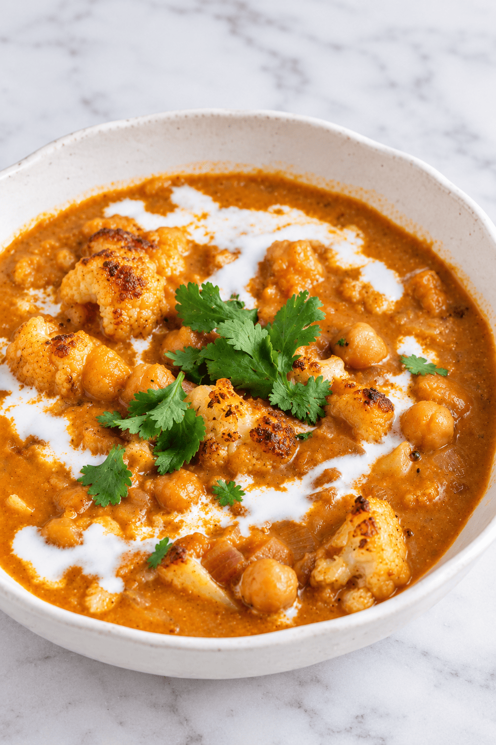 A bowl of chickpea and cauliflower curry, reminiscent of a hearty Vegan Pumpkin Curry, topped with a drizzle of coconut milk and fresh cilantro, served in a white bowl on a marble surface.