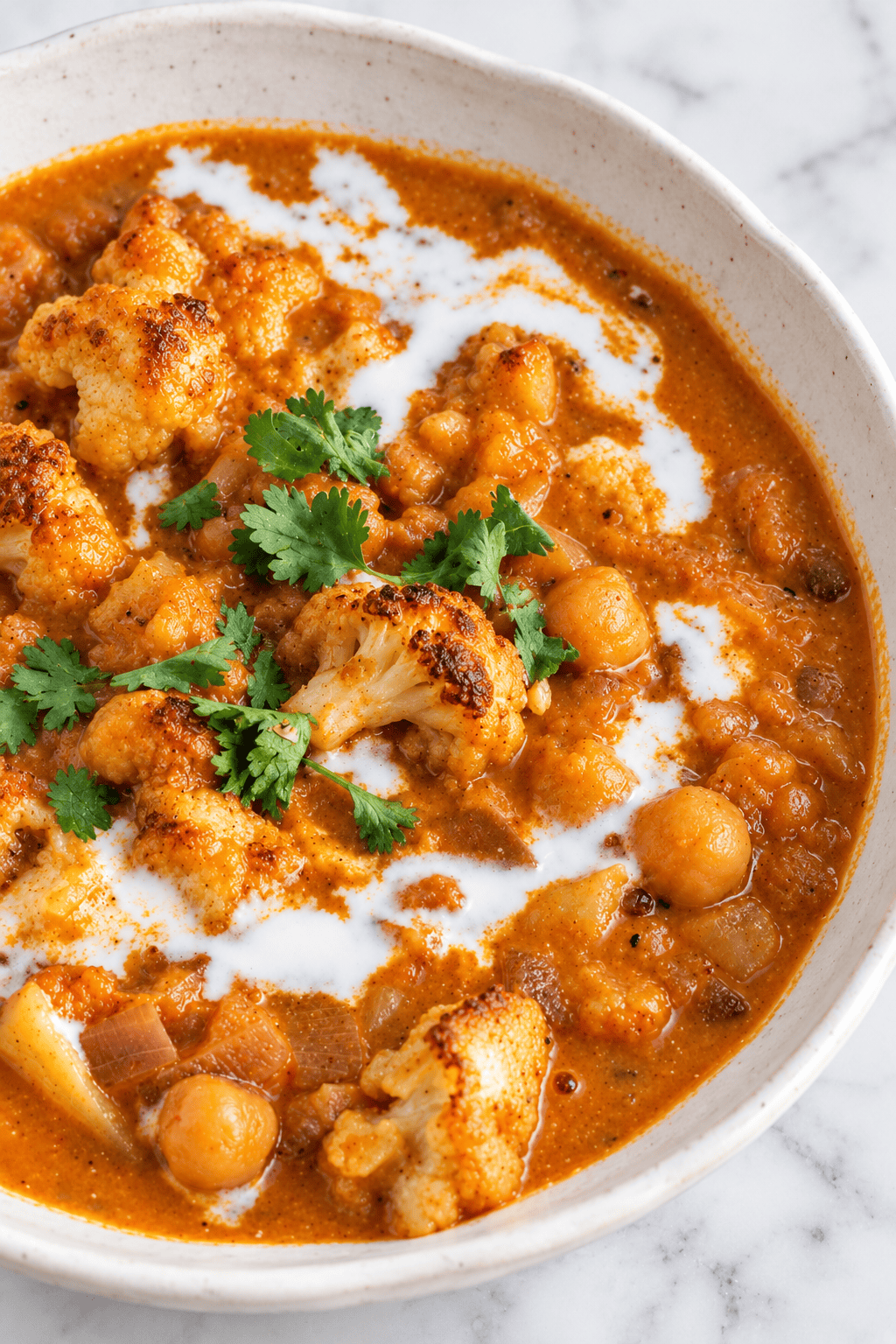 A bowl of cauliflower and chickpea curry, reminiscent of a vegan pumpkin curry, garnished with fresh cilantro and a swirl of coconut milk, served in a white bowl on a marble surface.