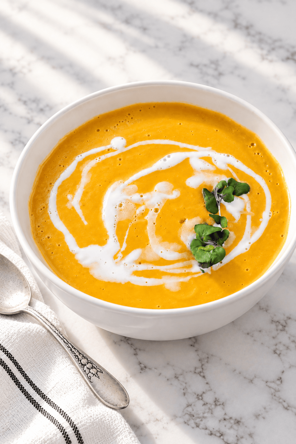 A bowl of creamy orange easy vegan pumpkin soup, garnished with a swirl of white cream and a small sprig of microgreens, sits on a marble surface next to a striped napkin and spoon.