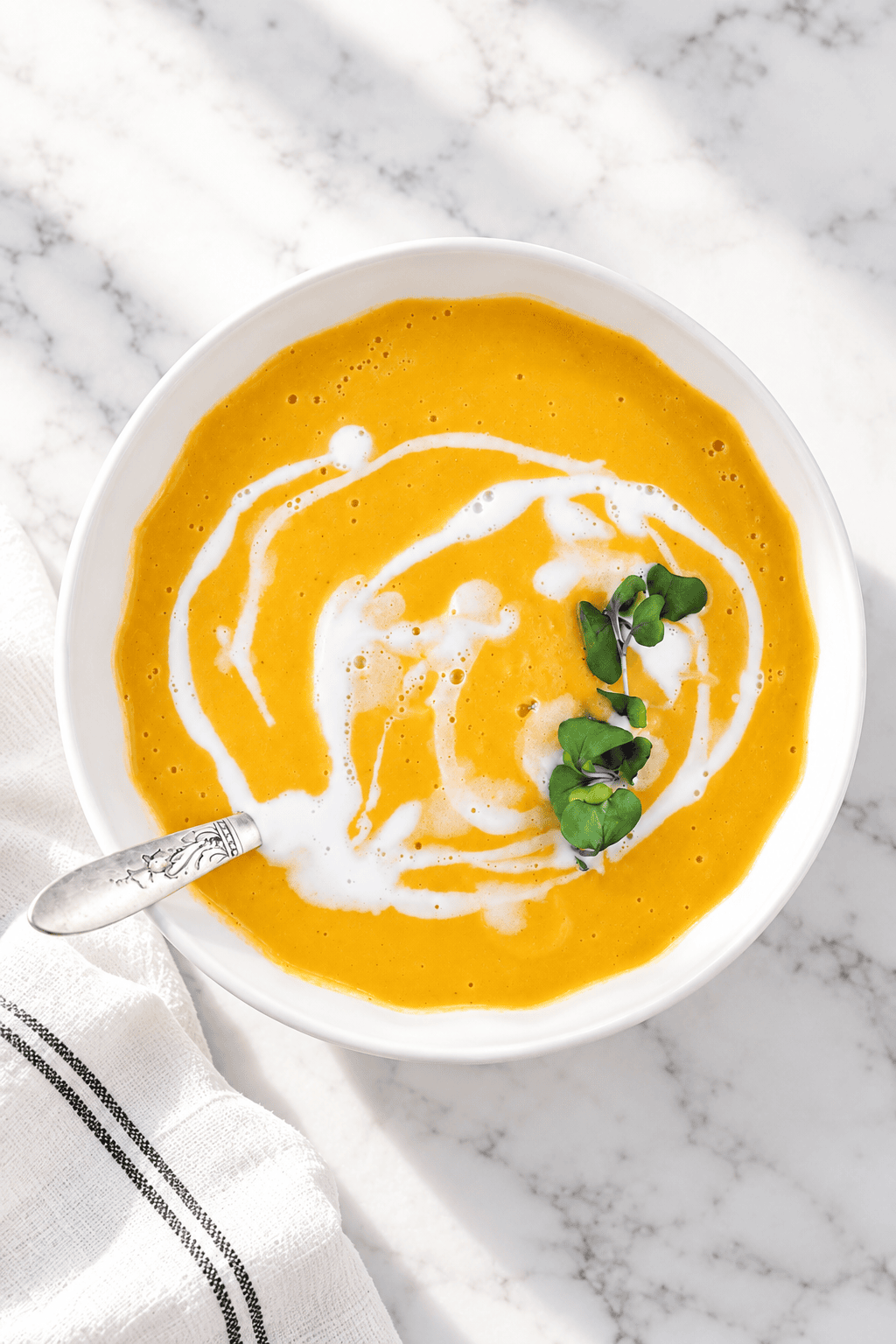 A bowl of creamy orange soup, this Easy Vegan Pumpkin Soup features a swirl of white cream and a garnish of green microgreens, served with a spoon on a white marble surface.