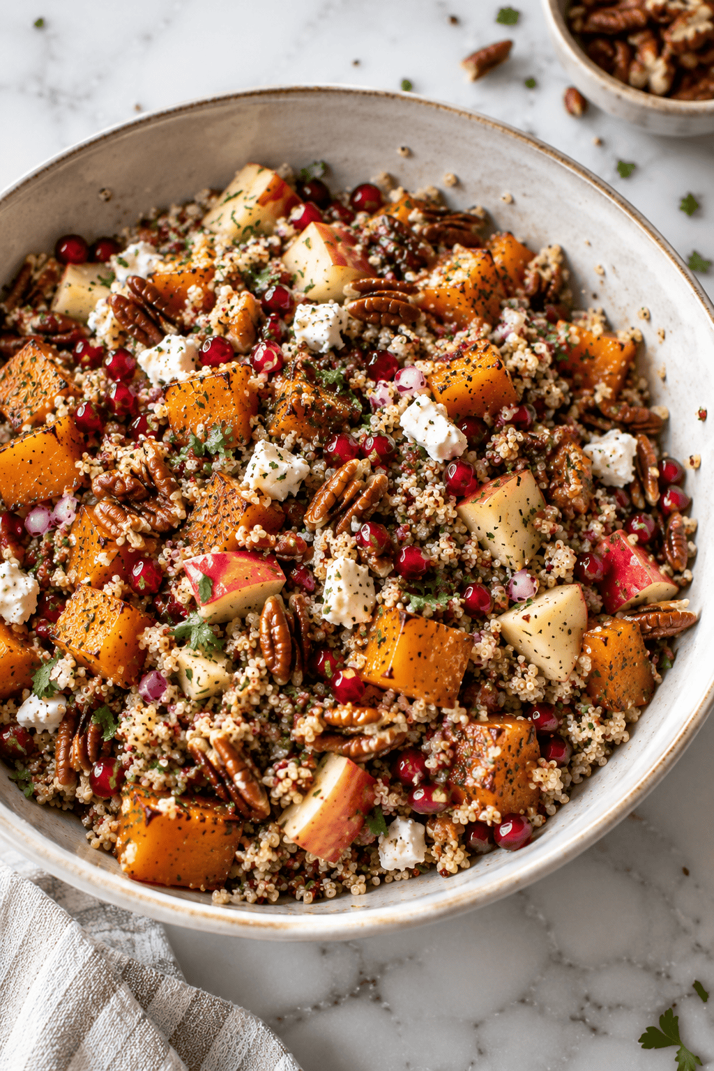 A vibrant bowl of Butternut Squash and Apple Quinoa Salad features roasted butternut squash, pecans, diced apples, pomegranate seeds, red onion, crumbled cheese, and fresh herbs arranged beautifully on a marble surface.