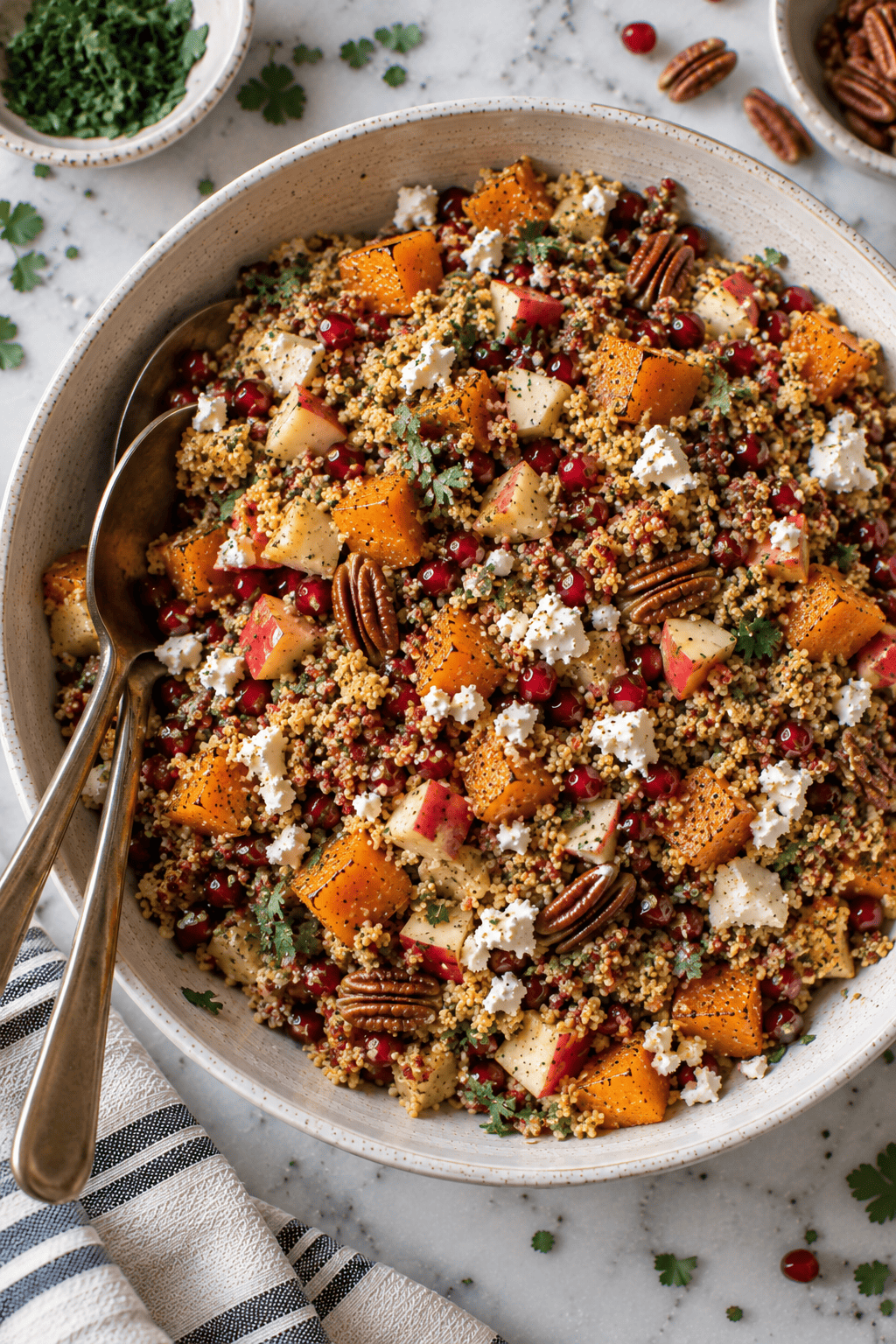 A bowl of Butternut Squash and Apple Quinoa Salad with roasted butternut squash, apples, pecans, pomegranate seeds, feta cheese, and fresh herbs. Two serving spoons rest inside the bowl, and a striped napkin is nearby.