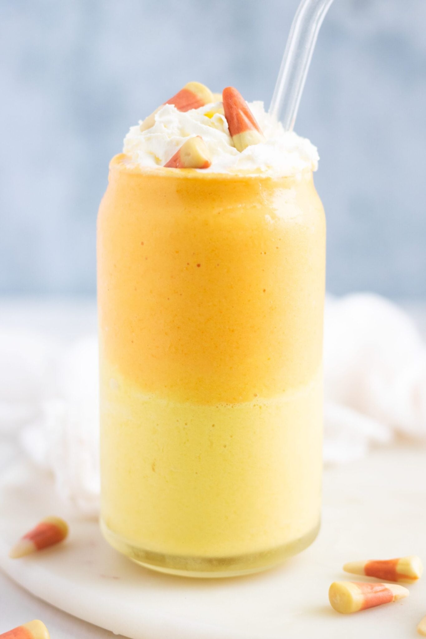Candy corn layered smoothie for Halloween