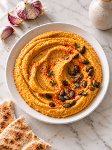 A bowl of creamy garlic pumpkin hummus topped with pumpkin seeds, paprika, and herbs sits on a marble surface, surrounded by pita bread, garlic cloves, and a small ceramic jug.