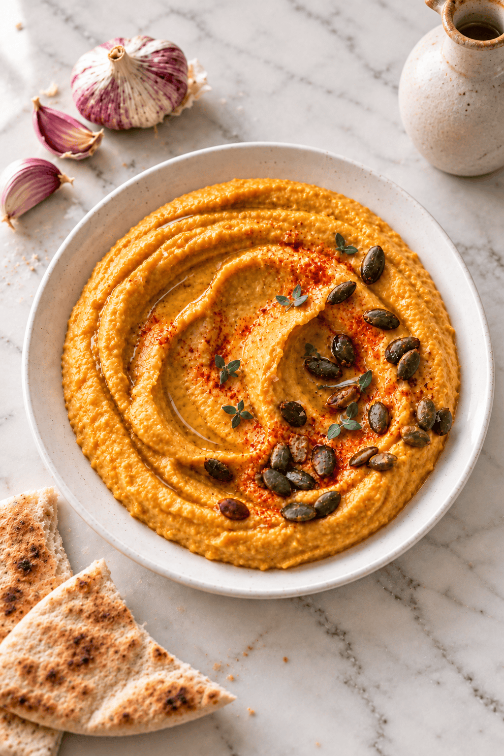 A bowl of creamy garlic pumpkin hummus topped with pumpkin seeds, paprika, and herbs sits on a marble surface, surrounded by pita bread, garlic cloves, and a small ceramic jug.