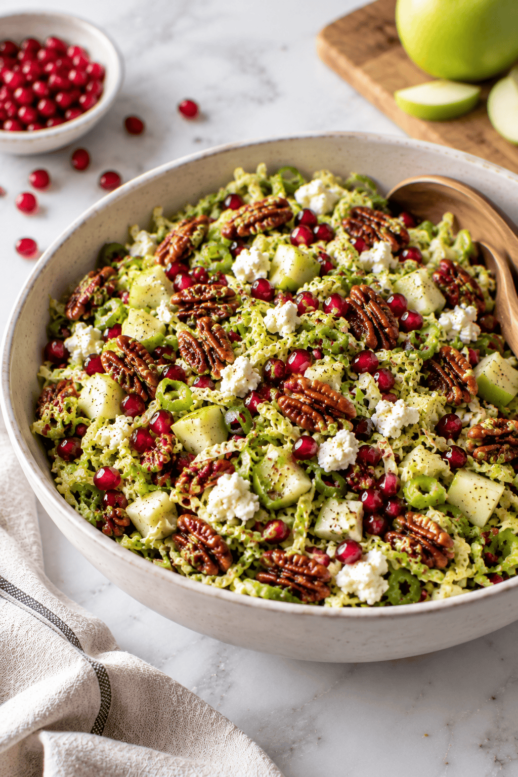 A bowl of pasta salad with pecans, diced green apples, pomegranate seeds, crumbled cheese, shredded brussels sprouts salad, and leafy greens, served with wooden spoons. A bowl of pomegranate seeds and sliced apple are in the background.