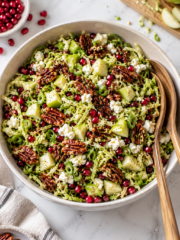 A bowl of shredded brussels sprouts salad with apple chunks, pecans, pomegranate seeds, green onions, and crumbled cheese, with serving utensils on the side.