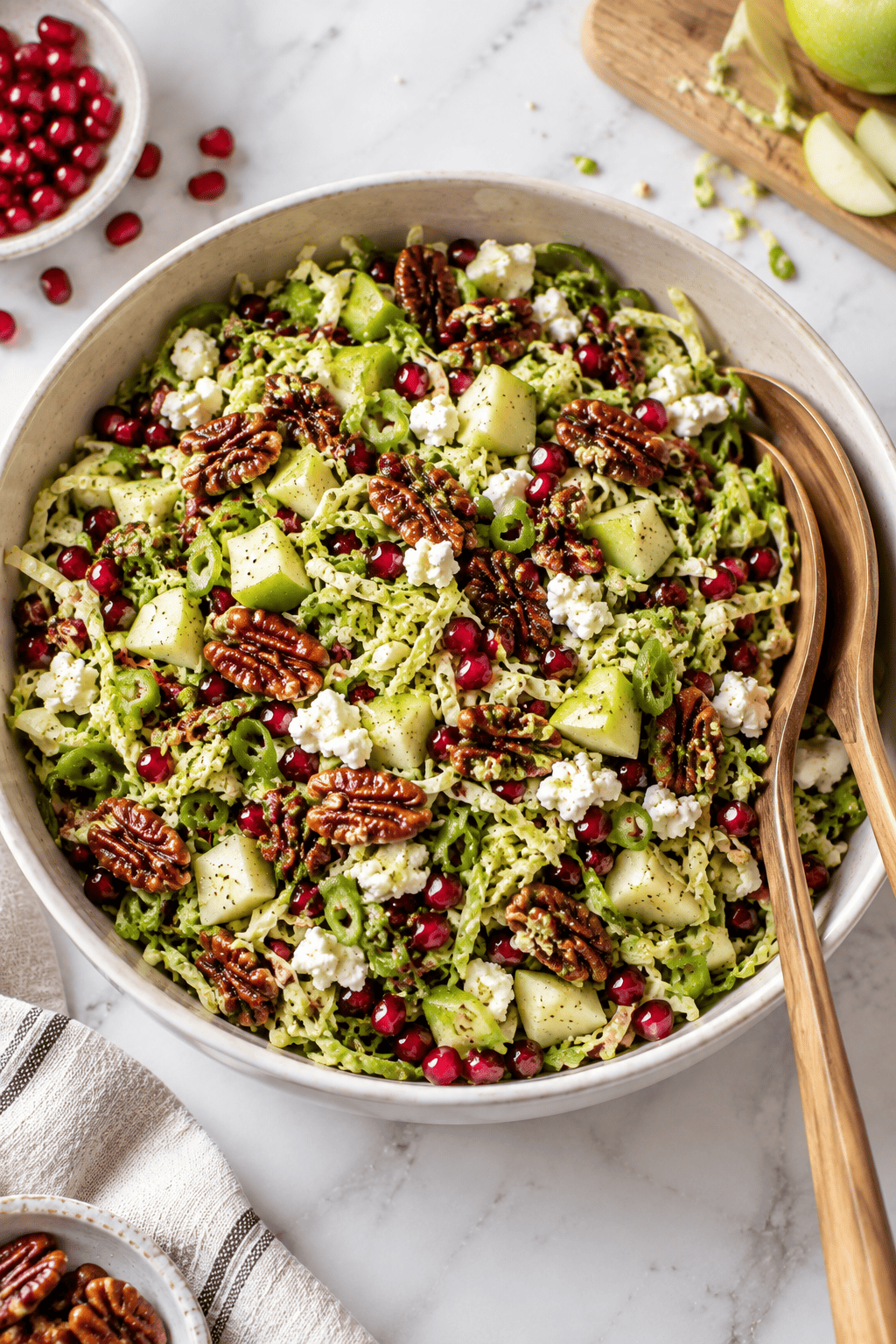A bowl of shredded brussels sprouts salad with apple chunks, pecans, pomegranate seeds, green onions, and crumbled cheese, with serving utensils on the side.