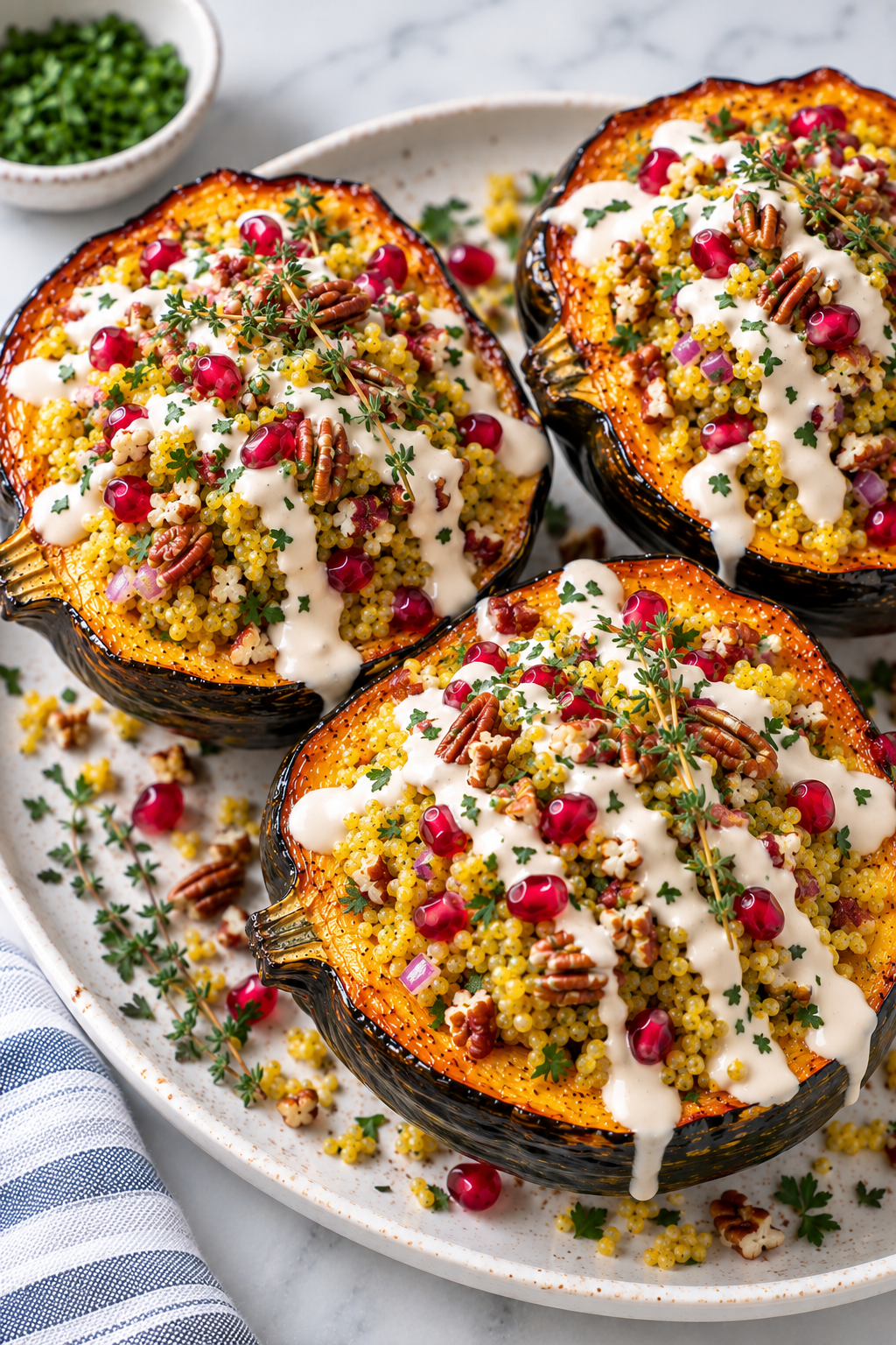 Three roasted acorn squash halves filled with couscous, red onion, pecans, pomegranate seeds, fresh herbs, and drizzled with a creamy white sauce are served on a white platter. This visually stunning stuffed acorn squash makes for a delicious centerpiece. A small bowl of herbs is in the background.