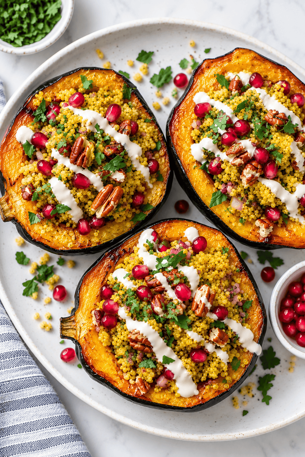 Three roasted acorn squash halves filled with couscous, pomegranate seeds, pecans, cilantro, and white sauce are arranged on a white plate. A small bowl of herbs, a striped napkin, and a vibrant shredded brussels sprouts salad are visible nearby.