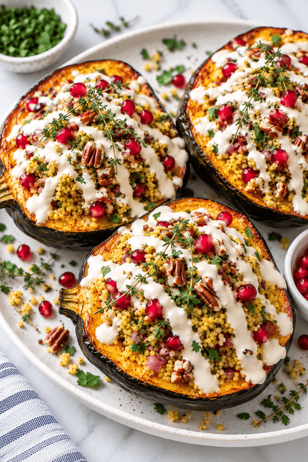 Three roasted acorn squash halves filled with couscous, pecans, pomegranate seeds, and herbs, drizzled with a creamy white sauce. This vibrant stuffed acorn squash is served on an oval platter with extra pomegranate seeds and chopped herbs on the side.