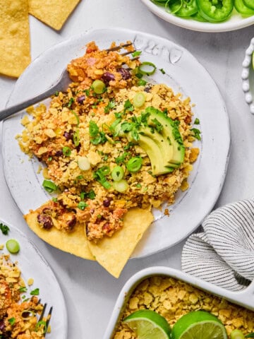 A plate of nachos, inspired by a Vegan Mexican Casserole, is topped with beans, crumbled tofu, avocado slices, green onions, and fresh cilantro. Jalapeños and lime wedges add extra flavor on the side, while tortilla chips are visible on the plate and scattered around it.
