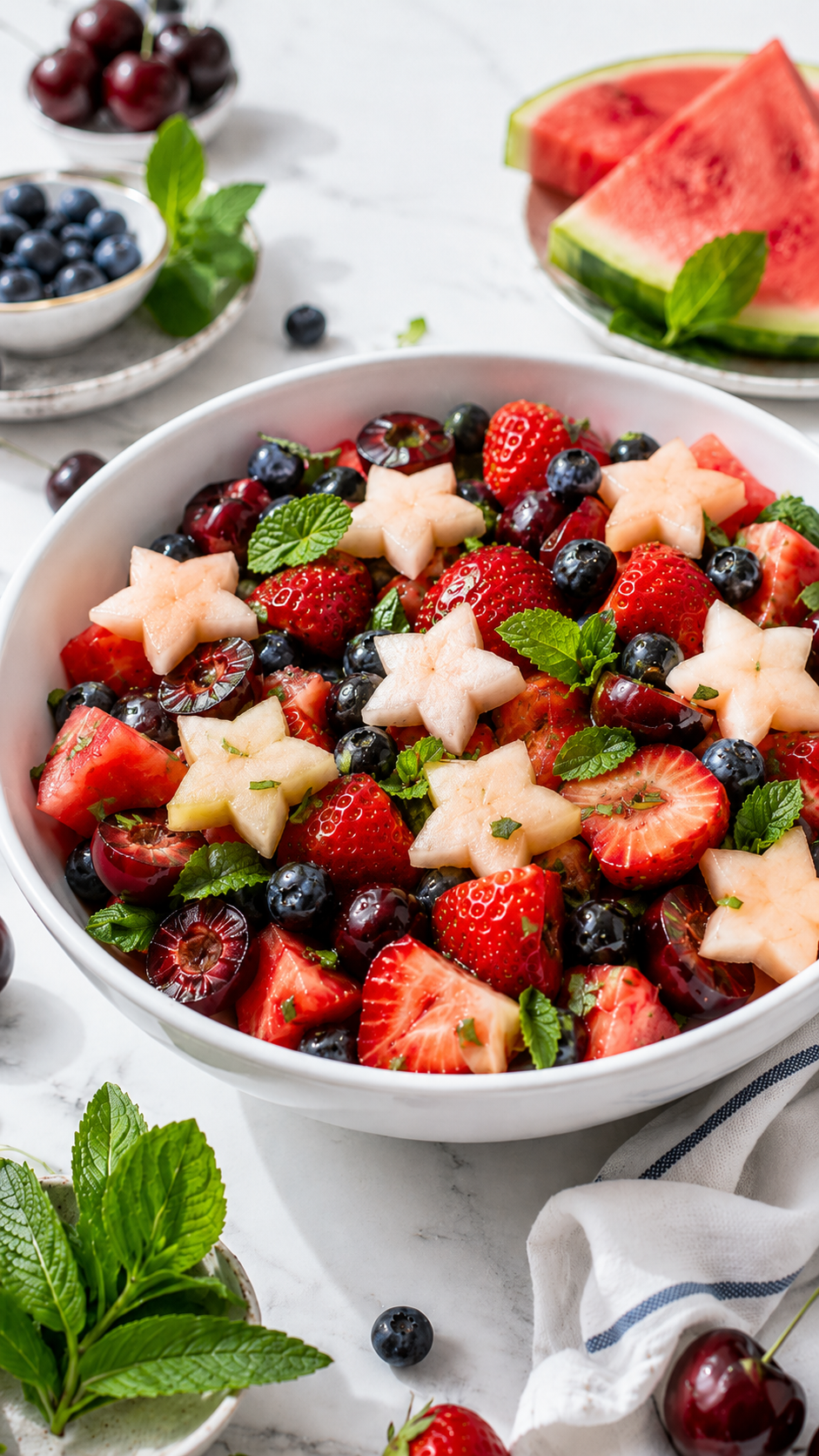 A bowl of red white and blue fruit salad featuring blueberries, strawberries, cherries, and star-shaped melon pieces is garnished with mint. Slices of watermelon, more berries, and cherries are artfully arranged around the bowl on a light table.