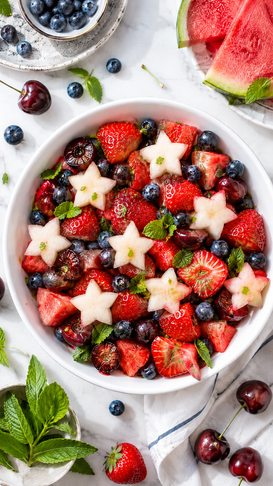 A red white and blue fruit salad featuring strawberries, blueberries, cherries, watermelon, and star-shaped melon pieces, garnished with fresh mint leaves and surrounded by extra fruit on a white surface.