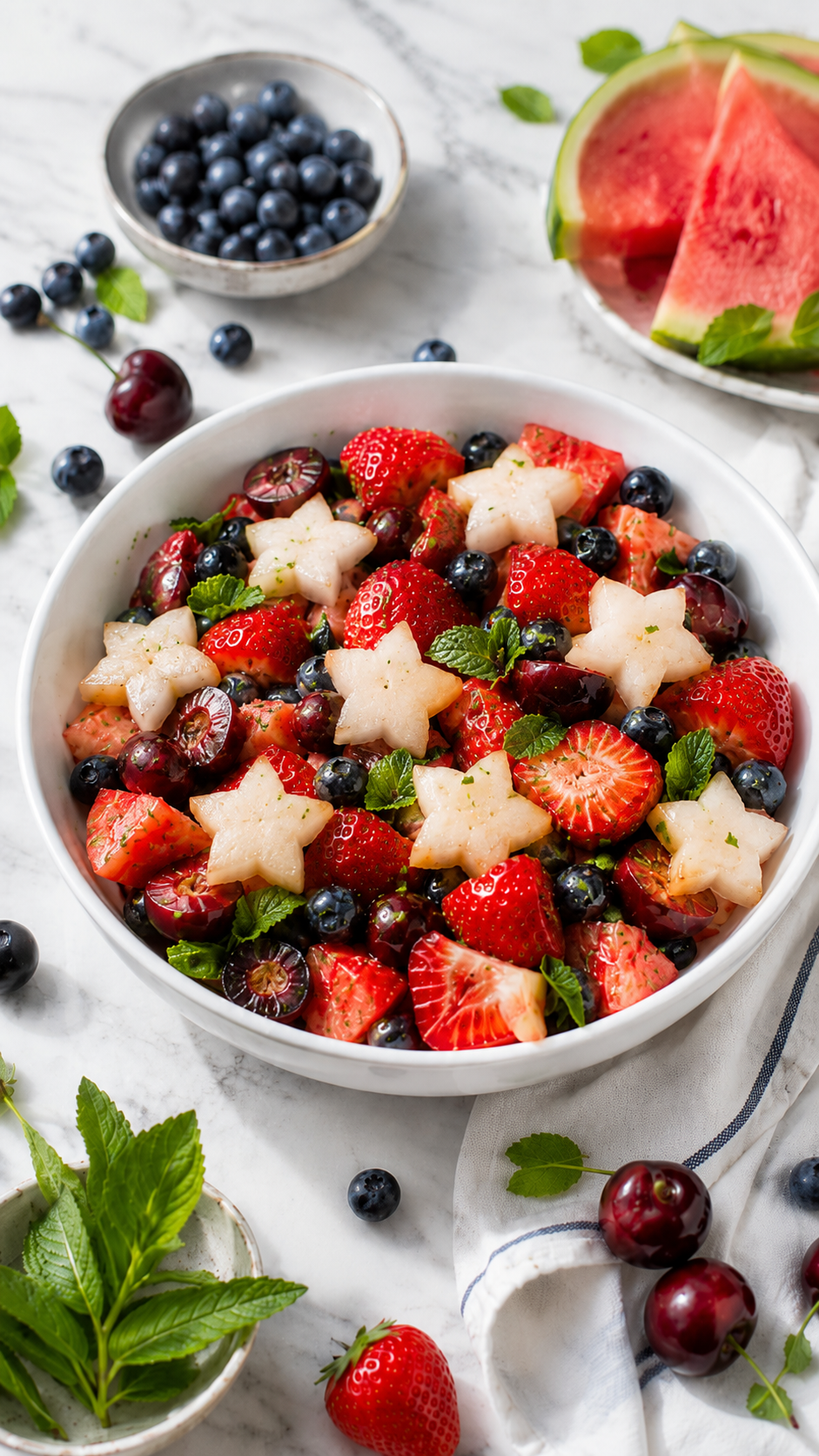 A festive red white and blue fruit salad featuring strawberries, blueberries, cherries, and star-shaped melon pieces, garnished with fresh mint leaves. Slices of watermelon, a bowl of blueberries, and mint surround the bowl.