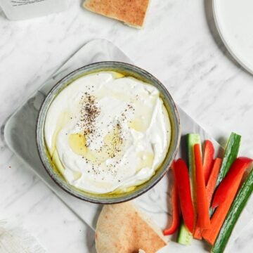 Vegan and gluten-free appetizers featuring vegan feta dip.