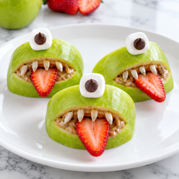 Three green apple slices made to look like monsters with strawberry tongues, sunflower seed teeth, marshmallow eyes, and chocolate chip pupils are arranged on a white plate with a strawberry in the background—perfect for pairing with other Spooky Spiders treats at your Halloween table.