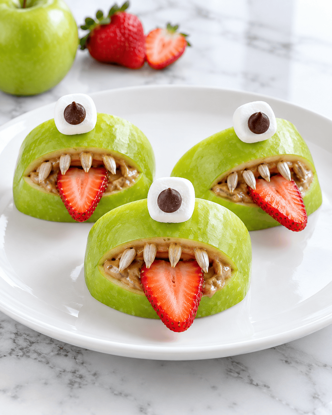 Three green apple slices made to look like monsters with strawberry tongues, sunflower seed teeth, marshmallow eyes, and chocolate chip pupils are arranged on a white plate with a strawberry in the background—perfect for pairing with other Spooky Spiders treats at your Halloween table.