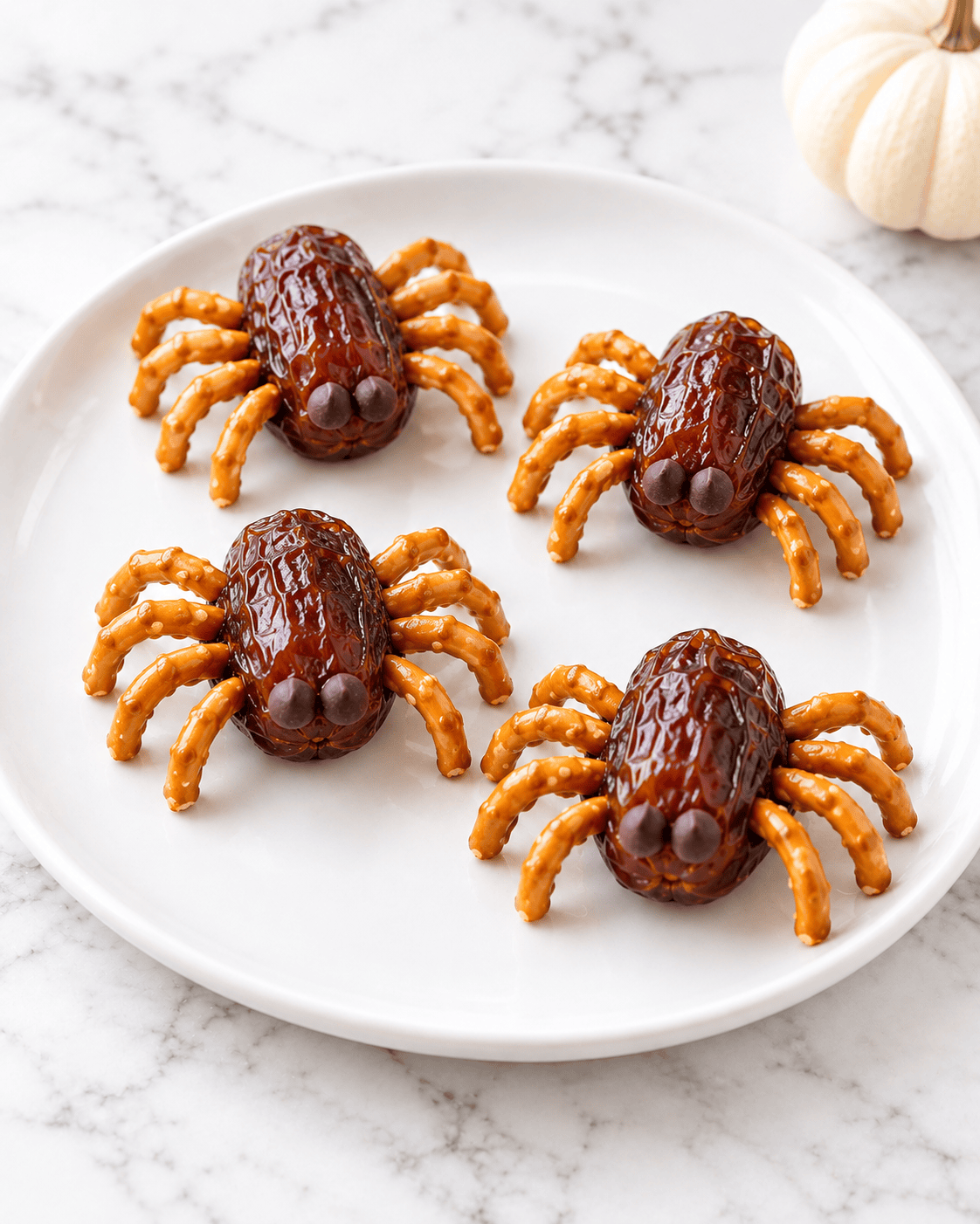 Four edible Spooky Spiders treats made from whole dates with pretzel stick legs and chocolate chip eyes are arranged on a white plate over a marble countertop, with a small white pumpkin visible in the upper right corner.