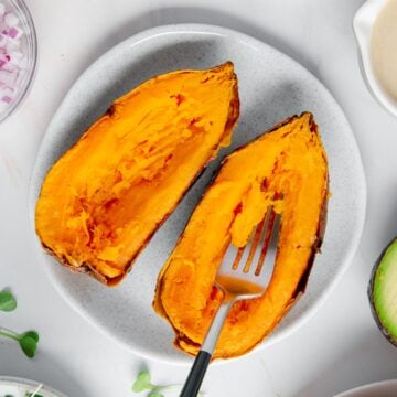 A cooked sweet potato for meal prepping.