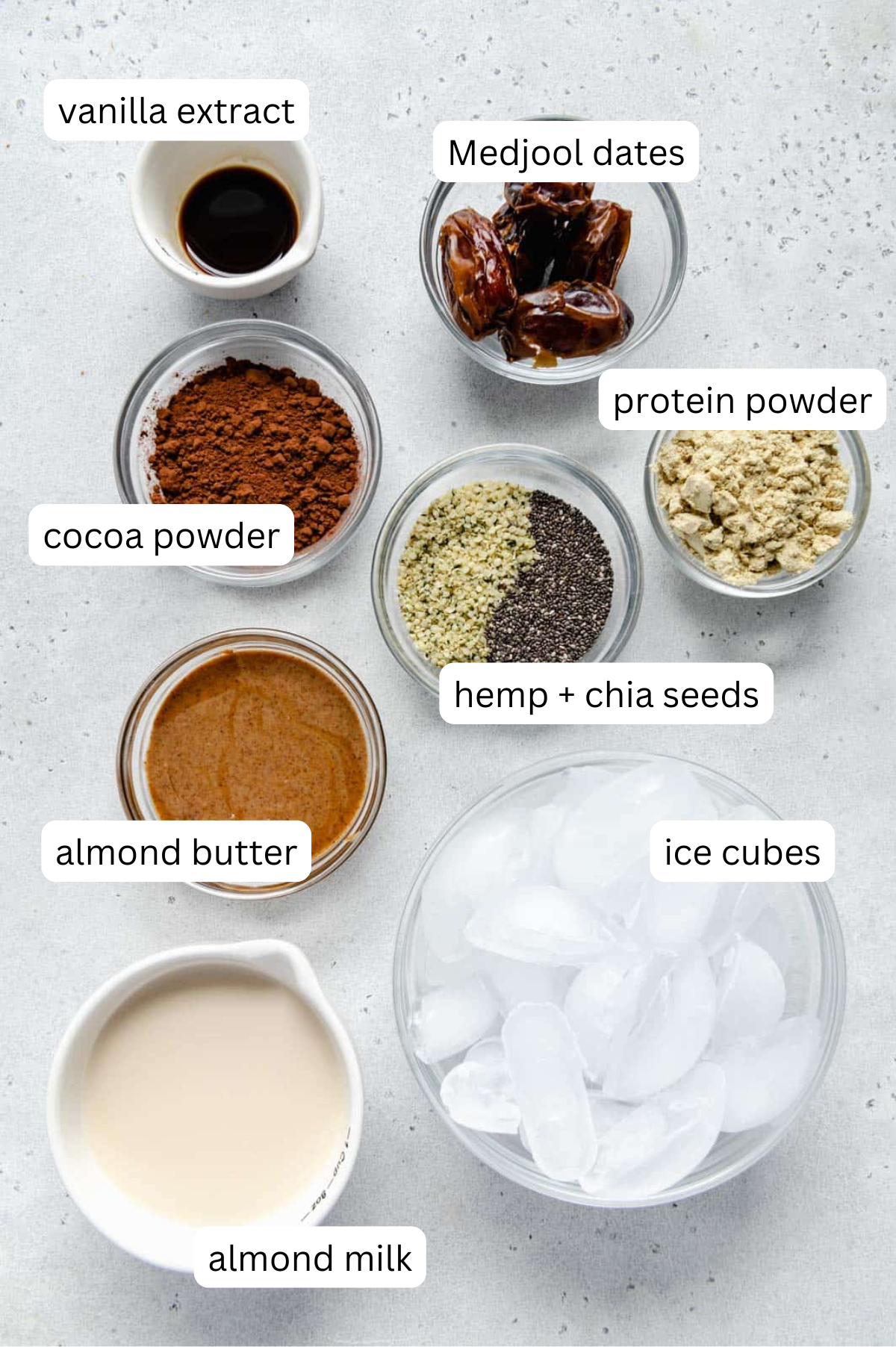Ingredients of a vegan chocolate protein smoothie.