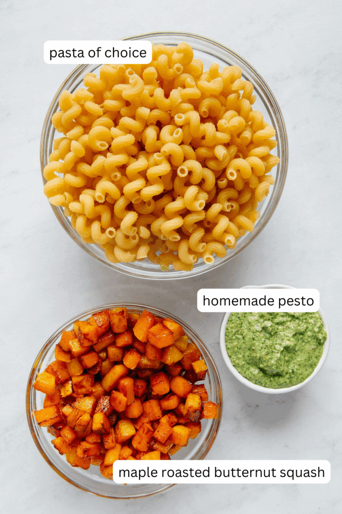 Ingredients of pesto pasta with maple roasted butternut squash with a white background.