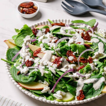Spinach arugula salad on a white plate next to a small bowl of pecans and black silverware with a white background.